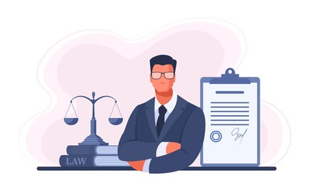man lawyer, attorney in suit holds contract and scales. concept of legal services for business, conclusion of deal, contract. lawyer, attorney services, notary. vector illustration in blue.