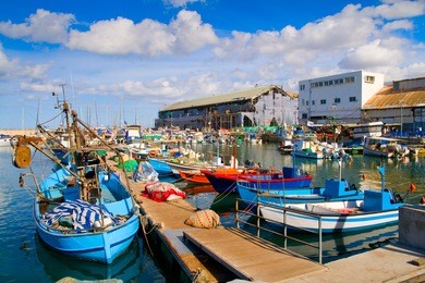 lots of boats in picturesque port of tel aviv, israel