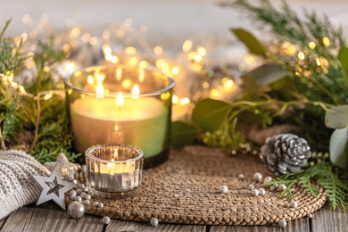 cozy christmas composition. christmas candle.