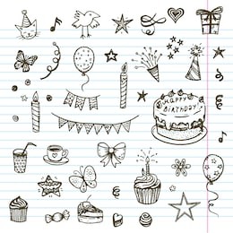 birthday elements. hand drawn set with birthday cake, balloons, gift and festive attributes. children drawing doodle collection.