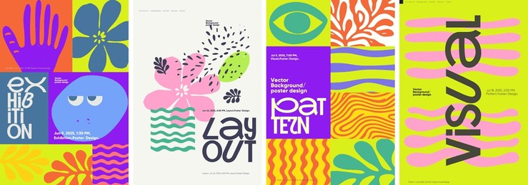 vibrant poster set featuring creative typography and abstract elements. includes retro-inspired graphics, minimalist layouts, and modern vector illustrations in a trendy style.
