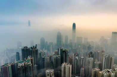 view of hong kong from victoria peak in a foggy morning.