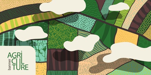agriculture field pattern banner, aerial view. countryside grassland, farm land from top. geometric farmland patches, padded mosaic country