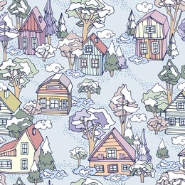 seamless winter village pattern. can be used for wallpaper, pattern fills, web page background, surface textures. small colorful houses on a snowy background with firs and pines. blue background.
