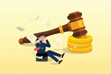 sad man holding fine notice with law gavel on top of money coins stack, penalty fine to pay for prohibited legal, charge and expense punishment notice, traffic charge bill concept