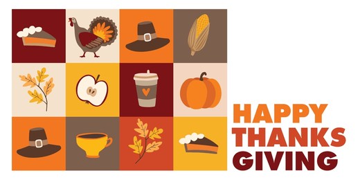 thanksgiving greeting card invitation. autumn holiday icons. geometric seamless pattern. turkey, pumpkin pie, corn and colorful leaves. cup of latte coffee. vector illustration background, print