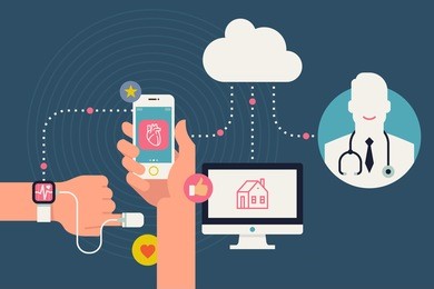 vector modern creative infographics design on modern high tech devices using in everyday life showing man tracking his health condition with smart bracelet, mobile application and cloud services