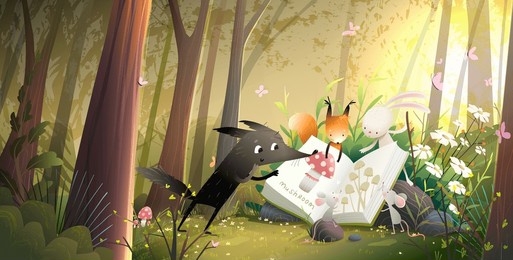 wild animals reading book or study in forest. wolf squirrel rabbit and mouse learn from open book in the woods among trees. illustration for kids education or fairy tale. vector cartoon for children.