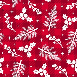 trendy christmas seamless pattern. red buffalo plaid background with white winter berries, mistletoe and christmas tree branches texture. vector checkered plaid print for fashion, fabric, wrapping