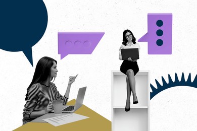 composite trend artwork sketch image 3d photo collage of team two lady coworking office drink coffee break relax laptop chatting talk