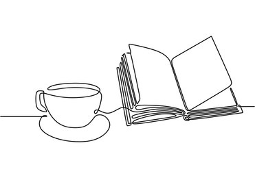 opened book with coffee in continuous one line drawing. education concept symbolizing study and relaxation.