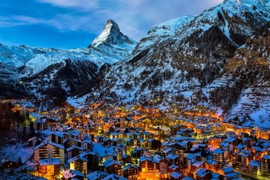 aerial view on zermatt valley and matterhorn peak at dawn, switzerland