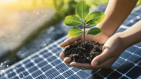 a small green plant being held gently in cupped hands, symbolizing environmental care and sustainability. in the background, there are solar panels and icons related to renewable energy.