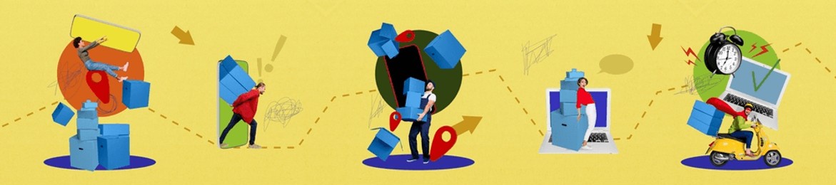 artwork sketch image photo collage of horizontal panorama young lady man work delivery carry pile box laptop smartphone deadline motorbike