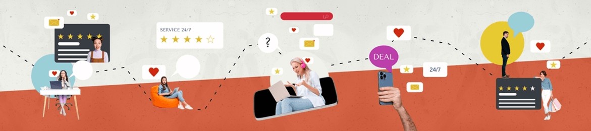 panoramic collage customer support internet online work remote feedback estimate rating satisfied unhappy comment quality digital devices