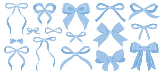 simple hand drawn blue ribbon bow collection. bowknot for decoration, big set of bowtie. large retro hand drawn ribbon illustration set. set of various cartoon bow knots, gentle gift ribbons