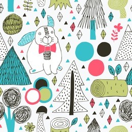 rabbit in forest seamless pattern. vector illustration.
