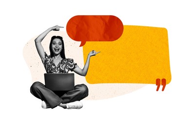 composite photo collage of happy girl point bubble hold laptop correspondence notification message isolated on painted background