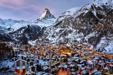 aerial view on zermatt valley and matterhorn peak in the morning, switzerland