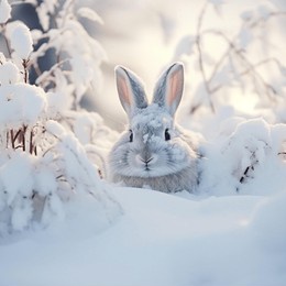 an adorable white rabbit is perched atop a blanket of freshly fallen snow, enjoying a peaceful afternoon in the winter wonderland