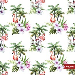watercolor, pattern, vector, tropical, palm, flamingos, hibiscus, hawaii