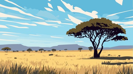 this striking illustration captures the expansive beauty of serengeti national park, showcasing its iconic golden grasslands under a vast, blue sky.