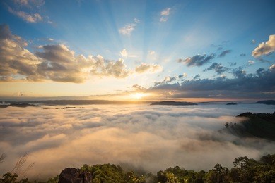 fog in mountain before sunrise in thailand