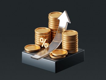 growth financial business gold coin money currency on 3d investment background with success finance graph stock profit chart. rise percentage up arrow exchange interest rate increase price strategy.