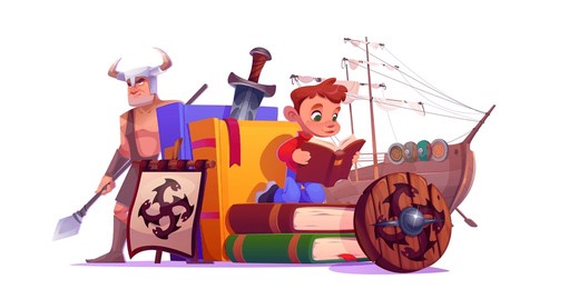 little kid boy reading tale about viking warrior who stands near stack of books, medieval ship and wooden shield, sword and dragon banner. children imaginative journey through historic story.