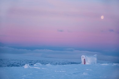 mountain module on the vologda border. frosty dawn on the northern ural mountains, komi republic landscape, russia 