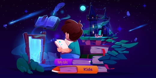 boy reading open magical tale book and imagine misty medieval castle float on island in starry night sky, glowing portal and flying road to palace. stack of children fairytales and fantasy literature.