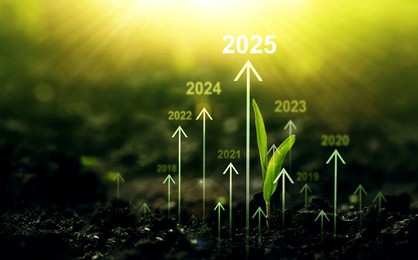 seedling are growing from soil with growth comparative year 2019 to 2025. concept of business growth, profit, agriculture, development and success graph.