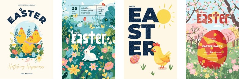 happy easter day holiday party poster set. funny hen and painted eggs. cute bunny and chickens in grass. traditional spring religious celebration banner. festive modern drawing typography eps design