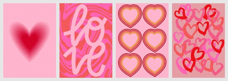 valentine´s day greeting card or poster collection with hearts and textures in pink and red colors. also useful as background. grainy effect added. 