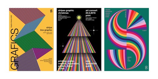 colorful stripe poster collection graphic design artwork christmas tree zigzag paper s initial rainbow vivid circle round straight line pattern plenty of color interaction trendy stylish modern