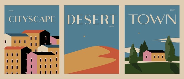 vector illustration. set of retro posters, postcards, covers. city, desert, village. wall posters, banners. collection. vintage style.