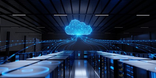 a computer server room with a large blue cloud on the wall. the room is filled with rows of servers and the cloud is glowing brightly. scene is futuristic and technological