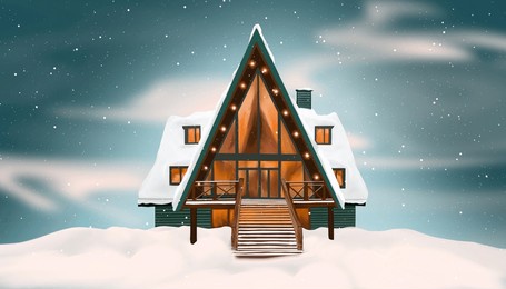 small wooden house in the snow.