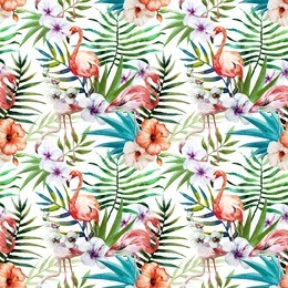 flamingos, pattern, watercolor, tropical background, hibiscus