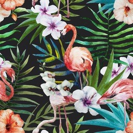 flamingos, pattern, watercolor, tropical background, hibiscus, black background
