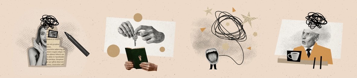 artwork sketch image photo collage of horizontal panorama young lady scream aged man half head drink coffee mess line think mind book read