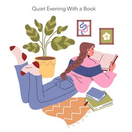 quiet evening with a book concept. woman enjoys reading on a cozy armchair, encapsulating the serenity of a leisurely night. indoor relaxation with literature and home decor. vector illustration.