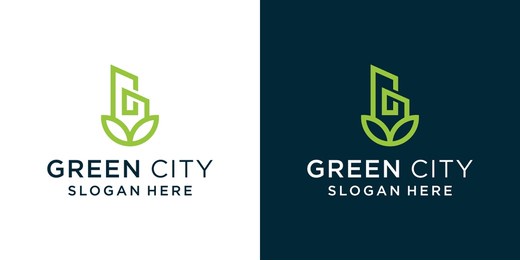logo combination of leaves and buildings, green city, simple design vector