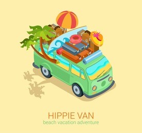 hippie van travel beach adventure vacation flat 3d web isometric infographic concept vector. minibus microbus bus vehicle suitcases surfboard palms sand and sea inside. creative tourism collection.