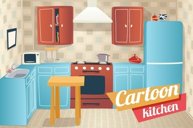 kitchen furniture accessories interior cartoon apartment house room retro vintage background vector illustration