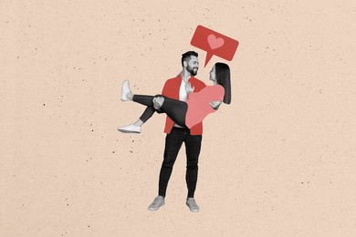 sketch composite 3d photo collage trend artwork of valentine day young couple lady man hold hand hugs speech cloud heart love