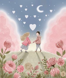 illustration for valentine’s day: a boy and a girl against a starry sky background. without texture paper.