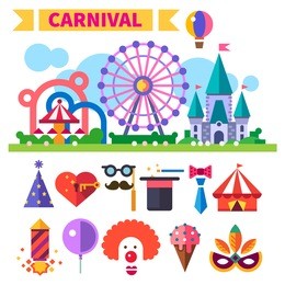 carnival in amusement park. laughter, smiles, children, sweets. landscape with a ferris wheel, roller coaster, carousel, castle. clown, party poppers, tent. vector flat icon set and illustrations