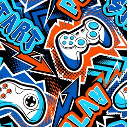 seamless abstract pattern with joystick game and graffiti words. bright neon colorful  vector print for boys.