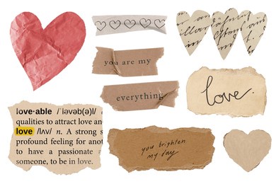 collage of paper hearts and love notes. torn paper with love messages. romantic theme with hearts and love. heart shapes and love notes in a collage. ephemera elements isolated on white background.